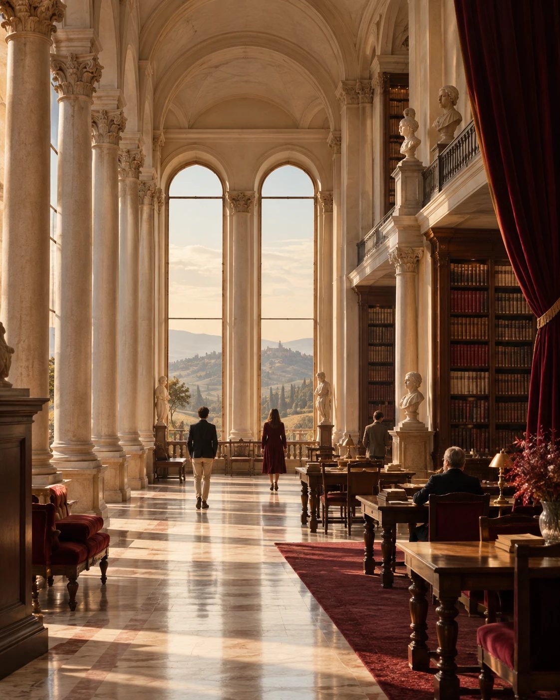 Sala di una biblioteca storica con colonnato classico e grandi finestre aperte sulle colline italiane