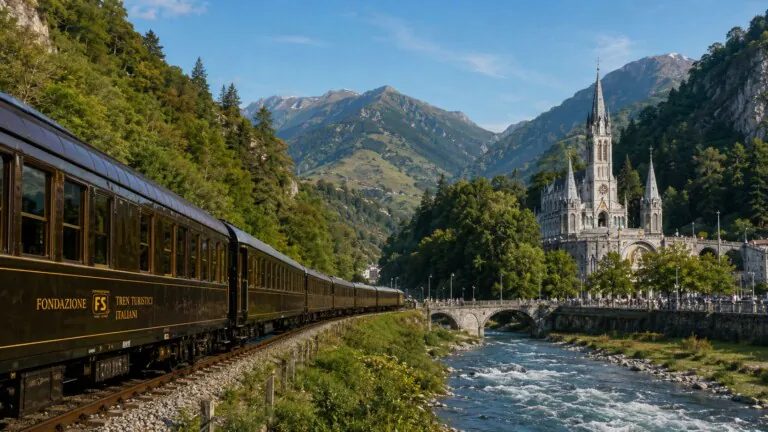 Un treno in viaggio verso il santuario di Lourdes, ai piedi dei Pirenei
